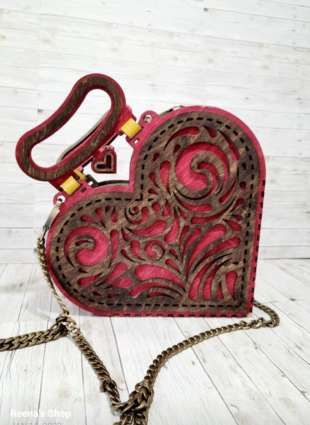 Handmade Wooden Heart Purse – Red & Brown Laser Cut Bag