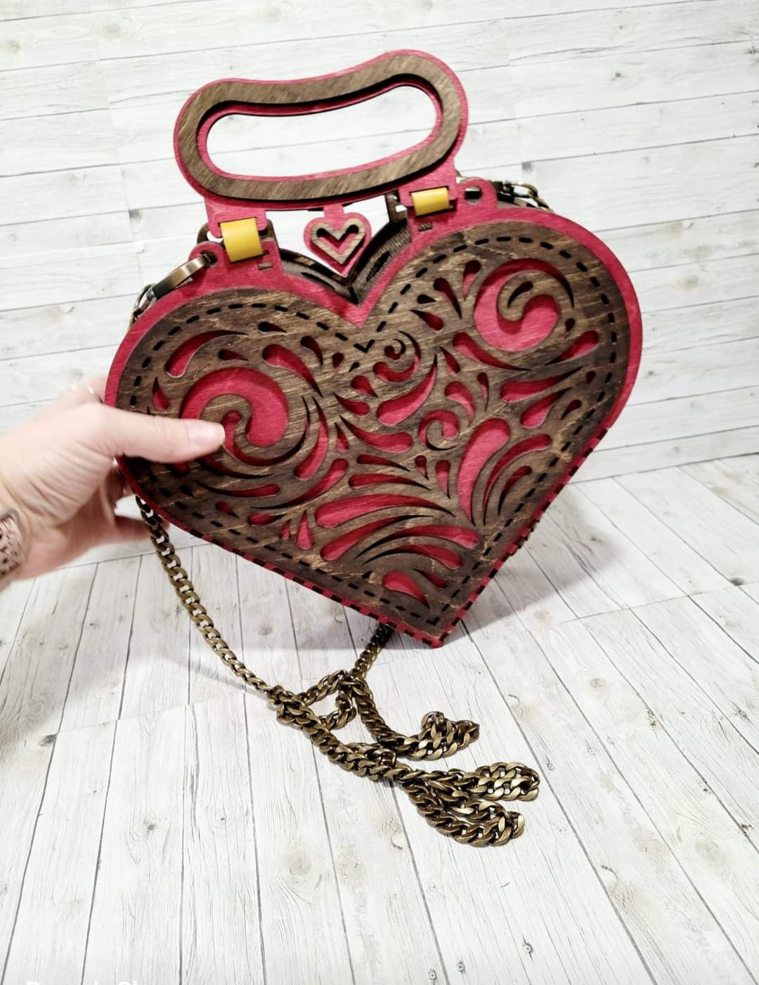 Handmade Wooden Heart Purse – Red & Brown Laser Cut Bag