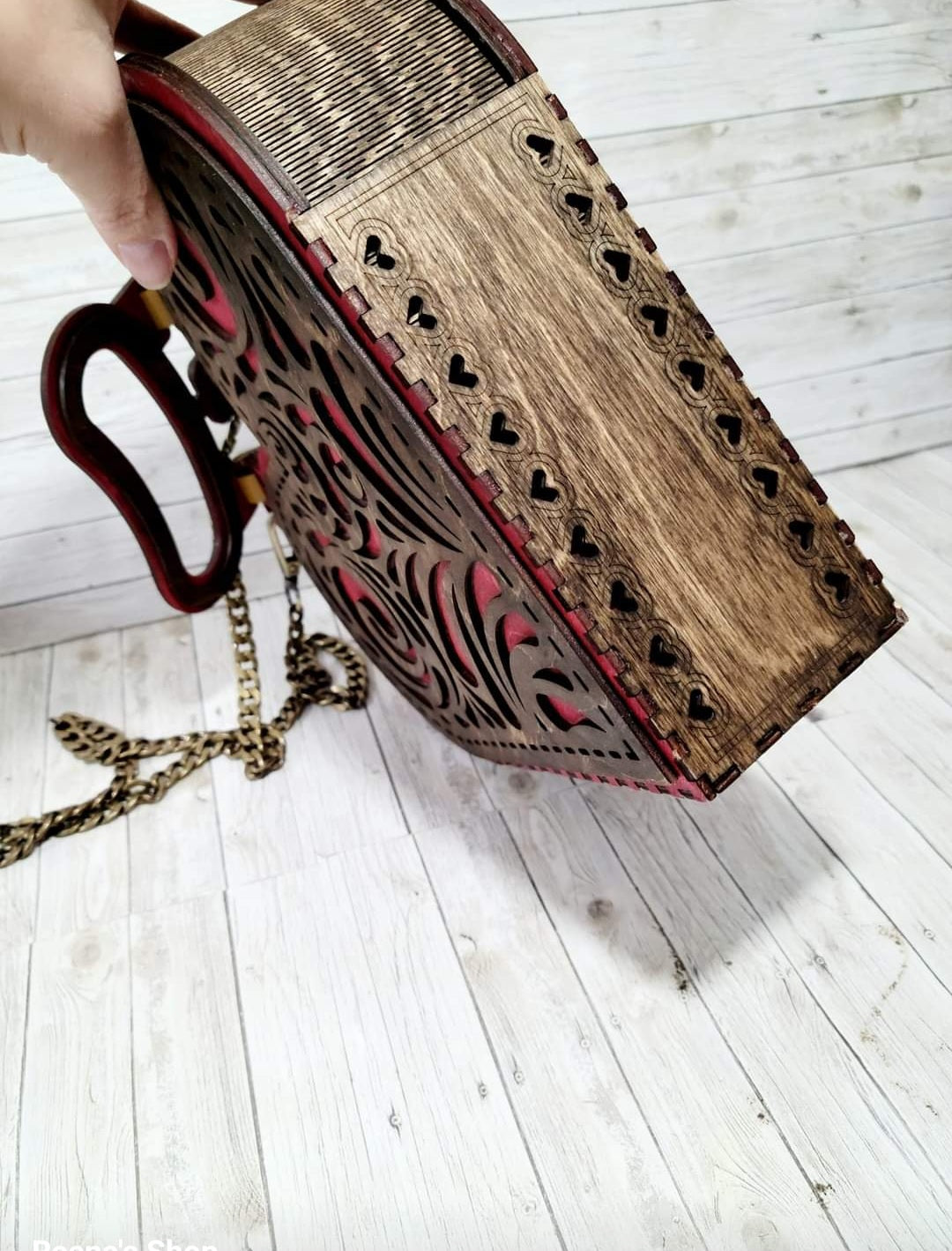 Handmade Wooden Heart Purse – Red & Brown Laser Cut Bag