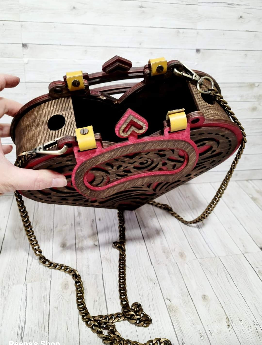 Handmade Wooden Heart Purse – Red & Brown Laser Cut Bag