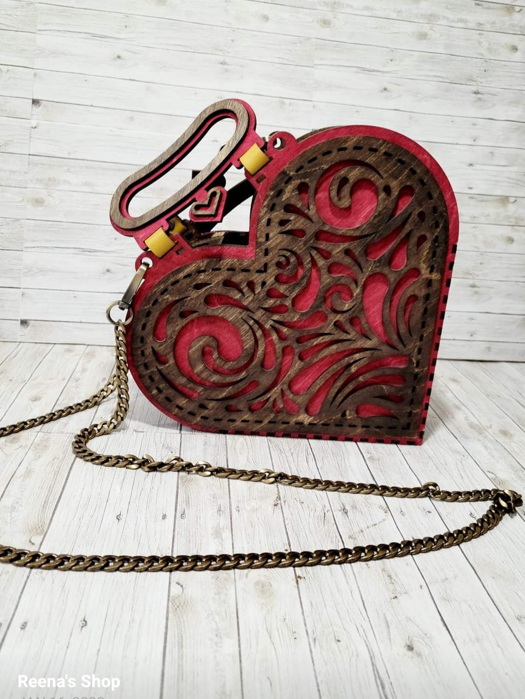 Handmade Wooden Heart Purse – Red & Brown Laser Cut Bag