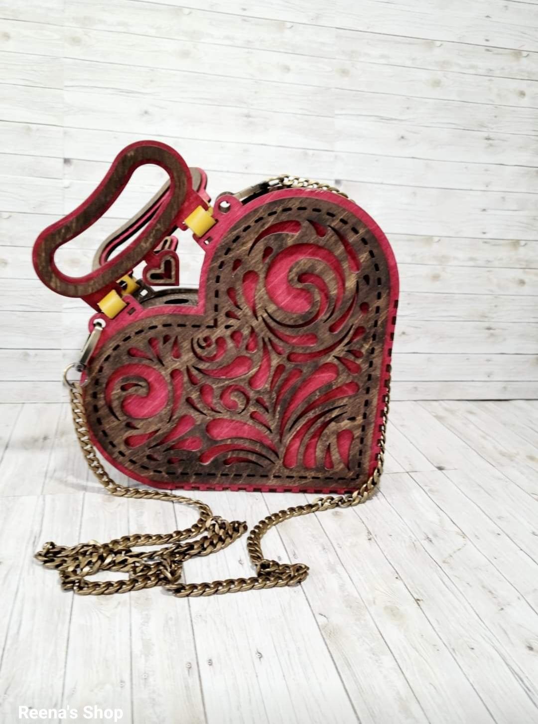 Handmade Wooden Heart Purse – Red & Brown Laser Cut Bag