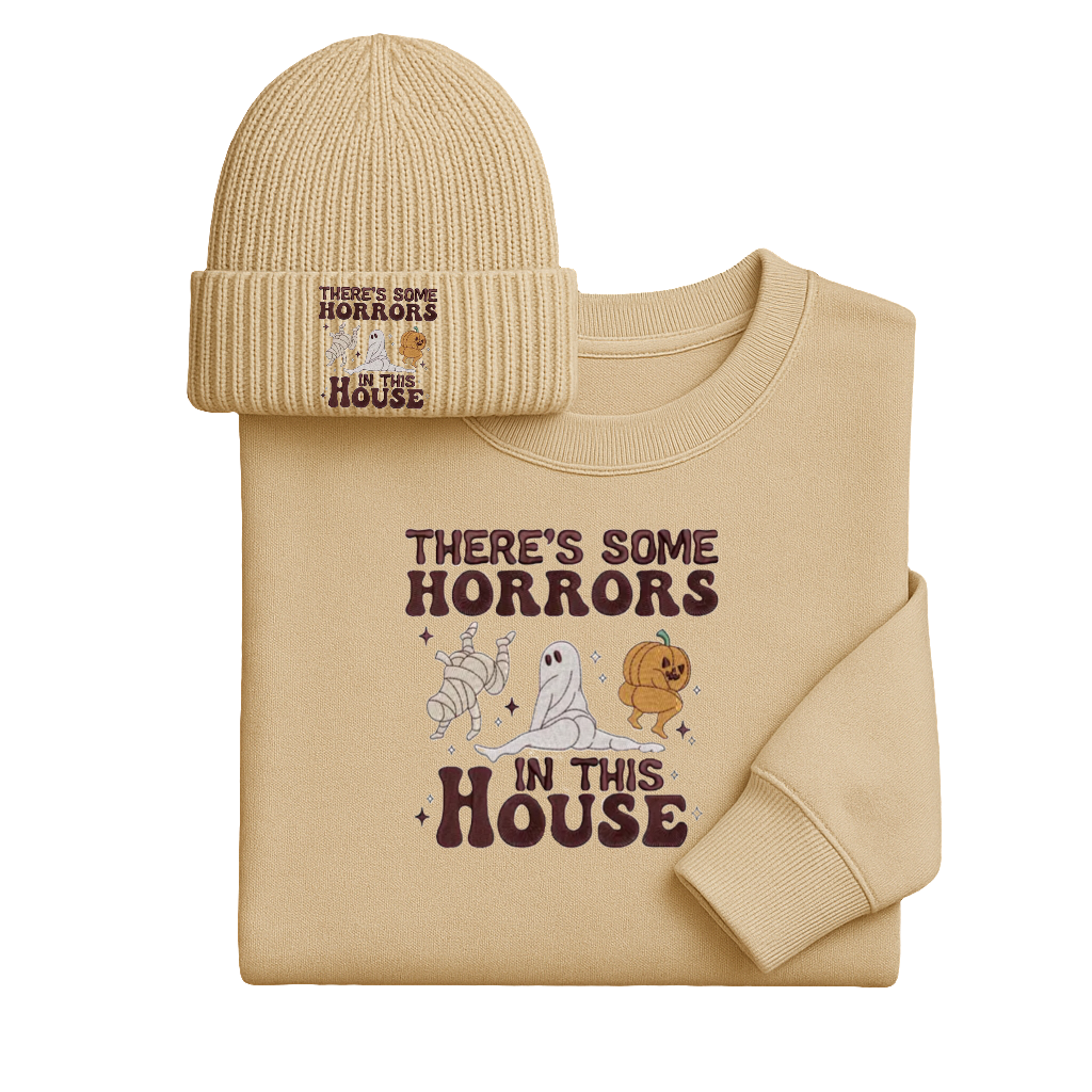 There’s Some Horrors in This House Sweatshirt & Beanie | Halloween Graphic Set | Fall Cozy Outfit
