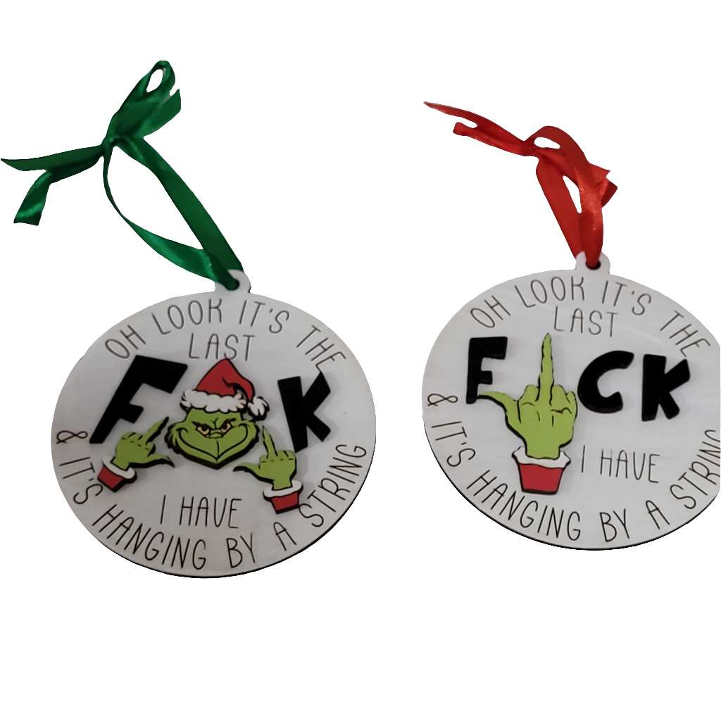 Funny Grinch Ornament Set of 2 – “Last F*ck Hanging by a String” Christmas Tree Decorations