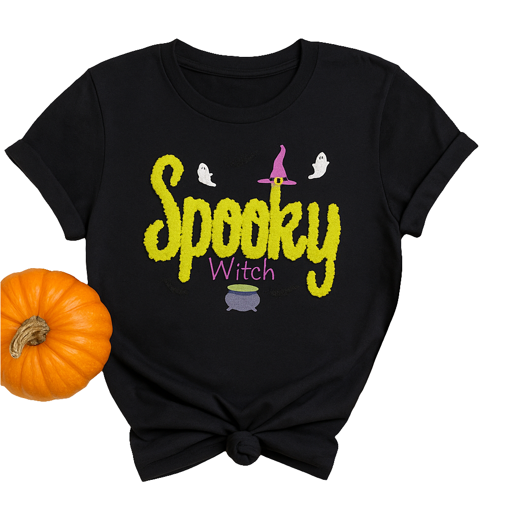 Spooky Witch Halloween T-Shirt – Cute Ghost & Witch Hat Graphic Tee – Fall Pumpkin Season Shirt for Women