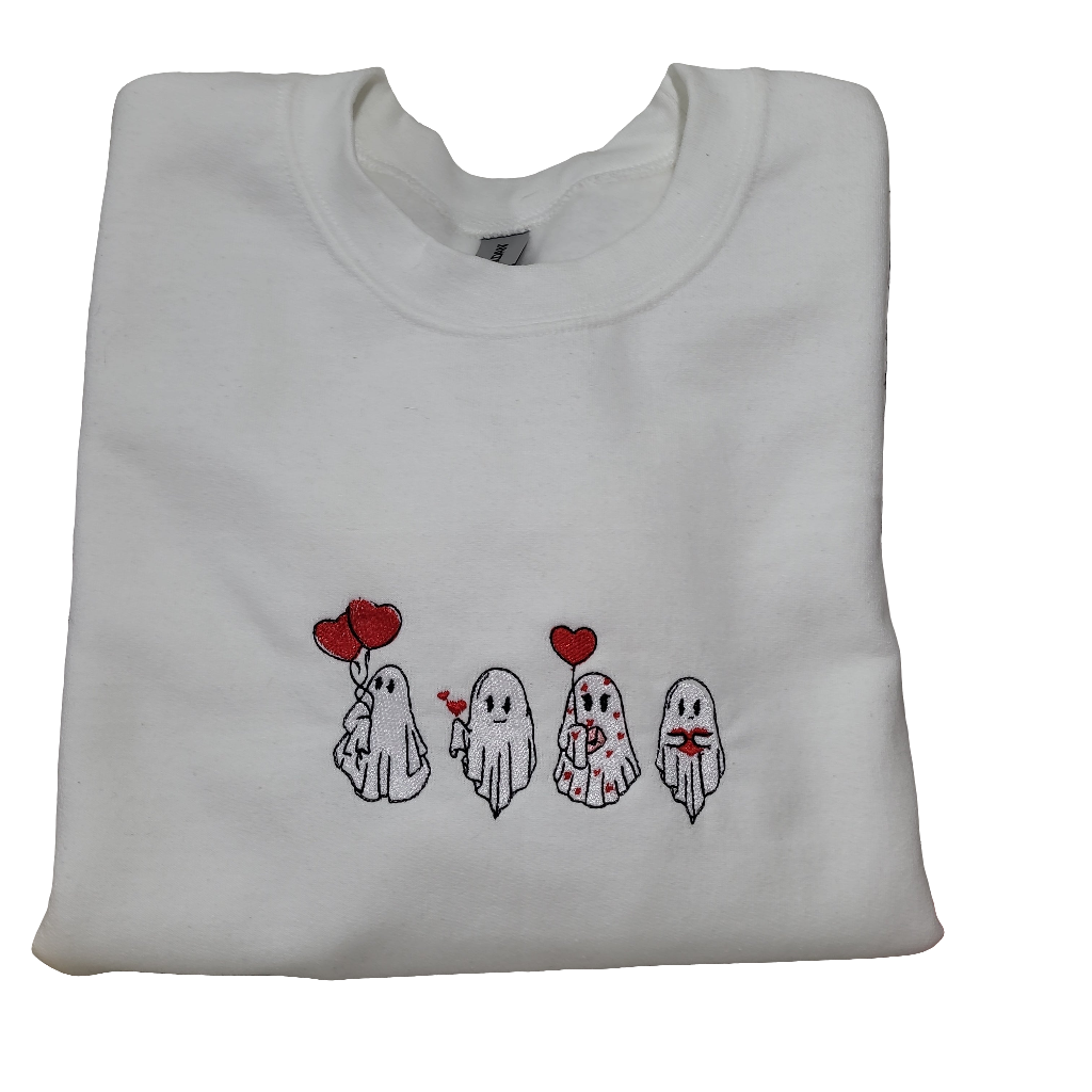 Embroidered Ghost Sweatshirt – Cute Valentine’s Day Ghosts with Hearts