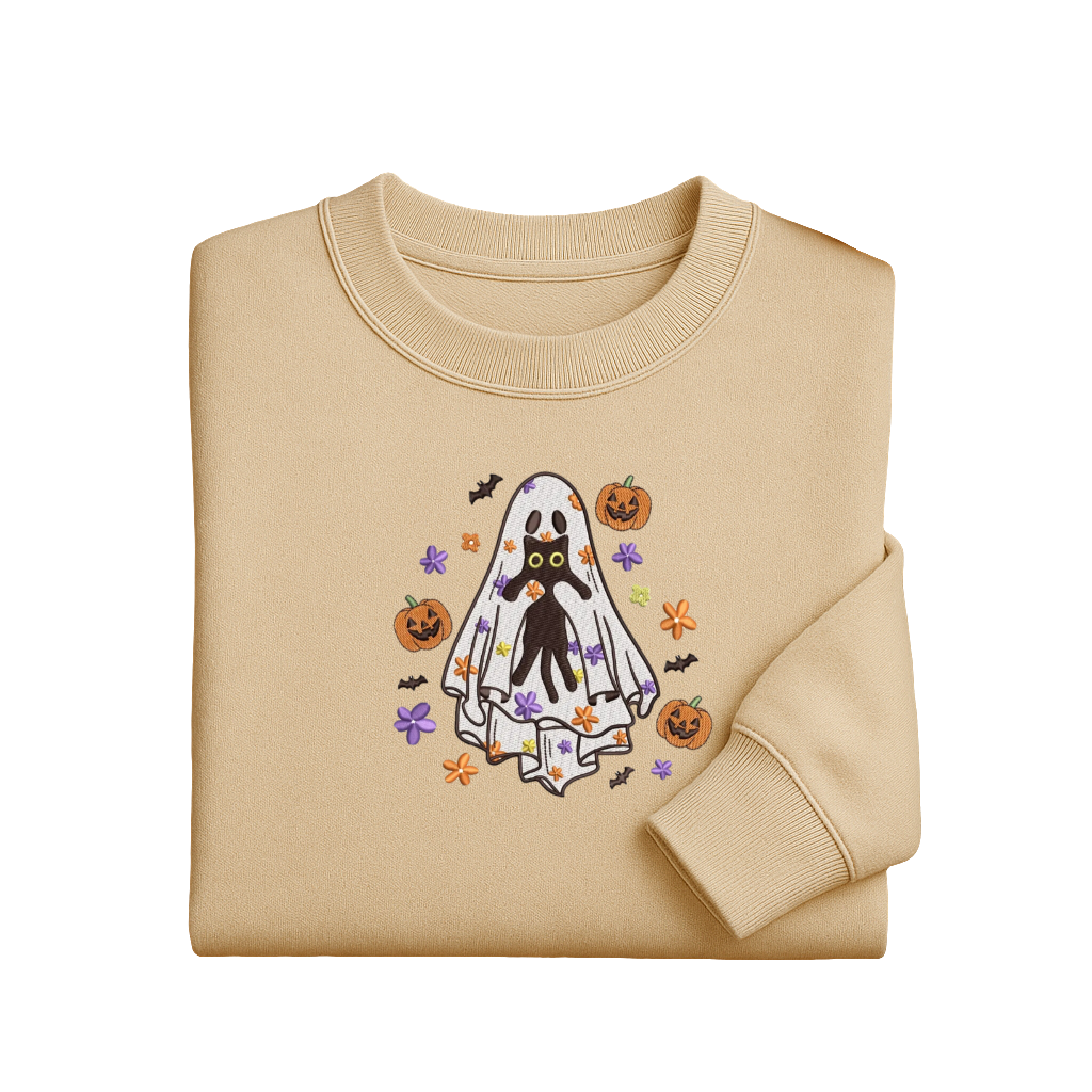 Embroidered Ghost Cat Halloween Sweatshirt | Cozy Fall Crewneck | Pumpkin & Bat Embroidery