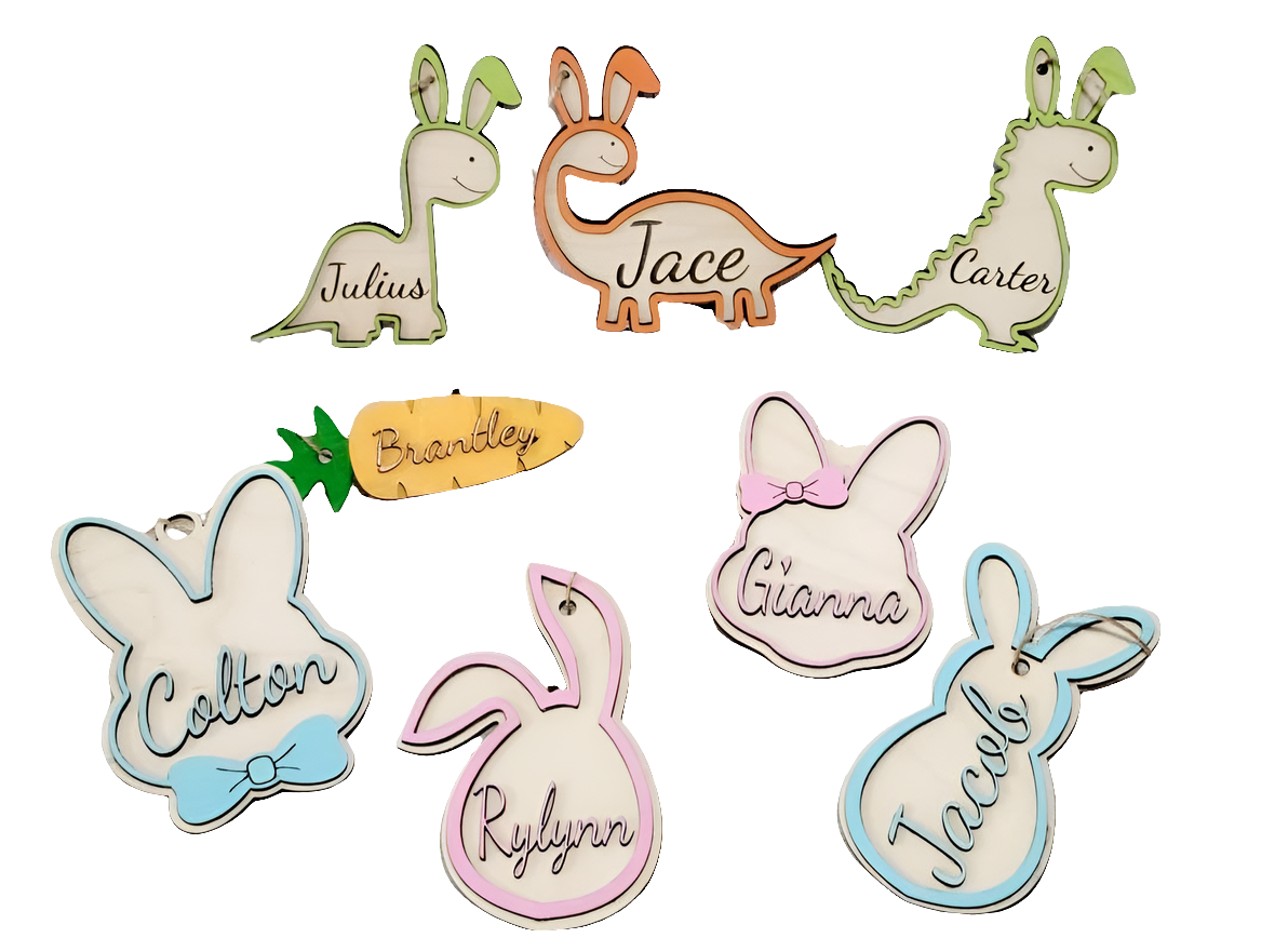 Personalized Easter Name Tags – Bunny, Dinosaur & Carrot Gift Tags