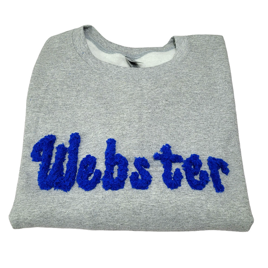 Custom “Webster” Chenille Letter Sweatshirt – Cozy Gray Crewneck with Blue Puff Letters | Personalized School or Team Spirit Sweater