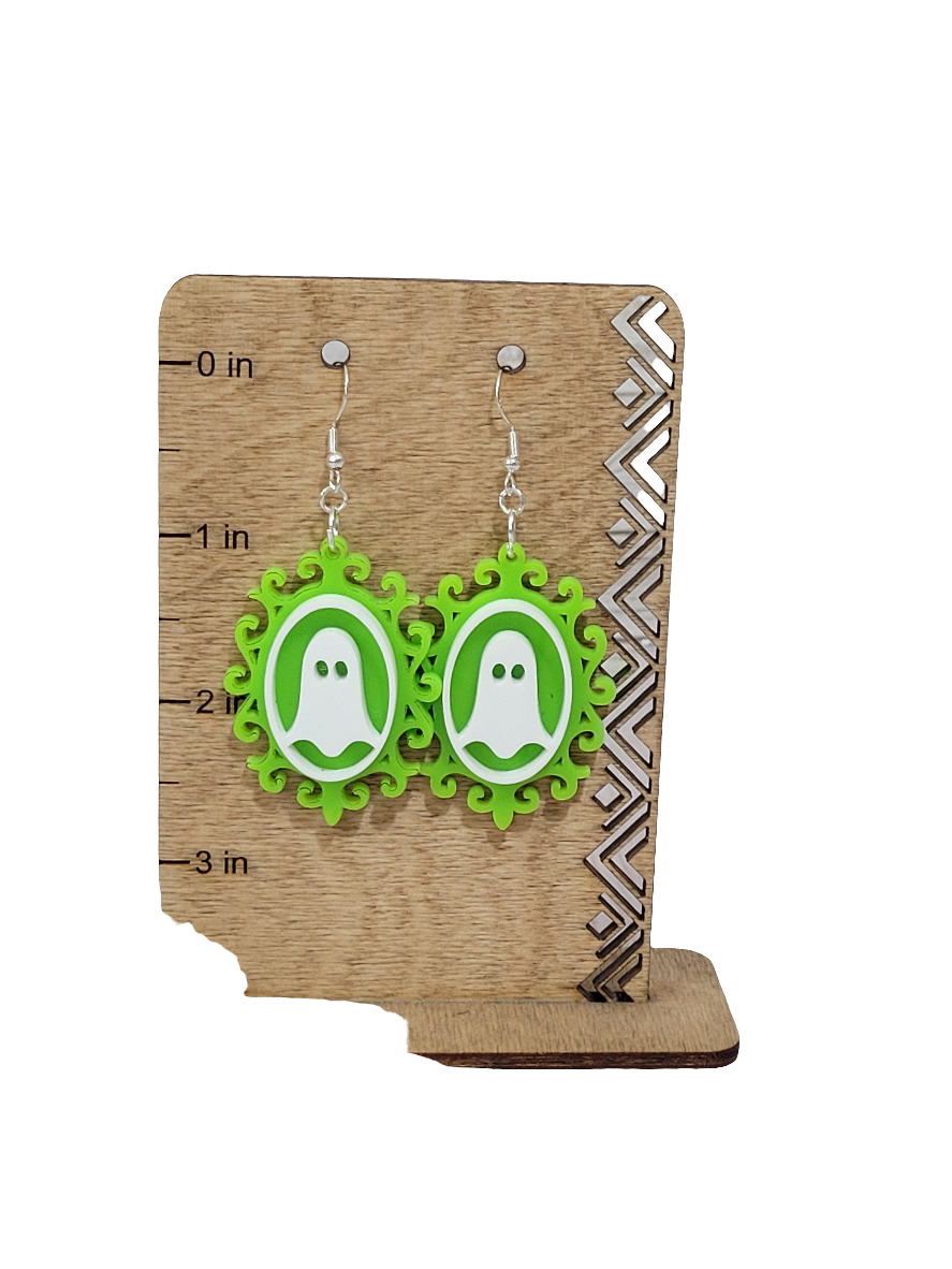 Spooky Ghost Halloween Earrings – Acrylic Statement Jewelry (Orange, Blue, Green)