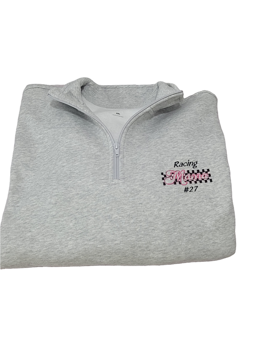 Personalized Racing Mama Quarter-Zip Sweater with Checkered Bow Sleeves