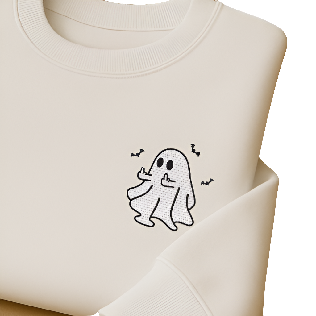 Cozy Beige Ghost Sweatshirt – Minimalist Embroidered Halloween Crewneck
