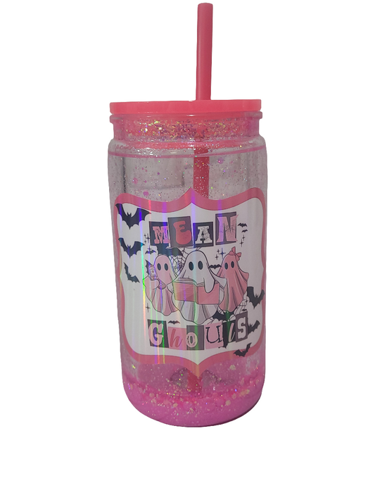 Mean Ghouls Glitter Tumbler with Straw | Pink Halloween Cup | Spooky Ghosts Drinkware