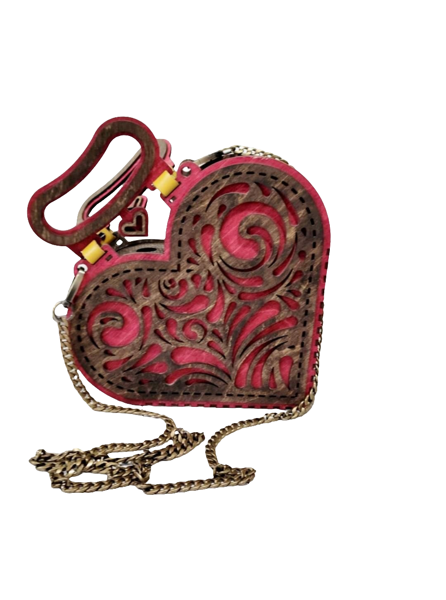 Handmade Wooden Heart Purse – Red & Brown Laser Cut Bag