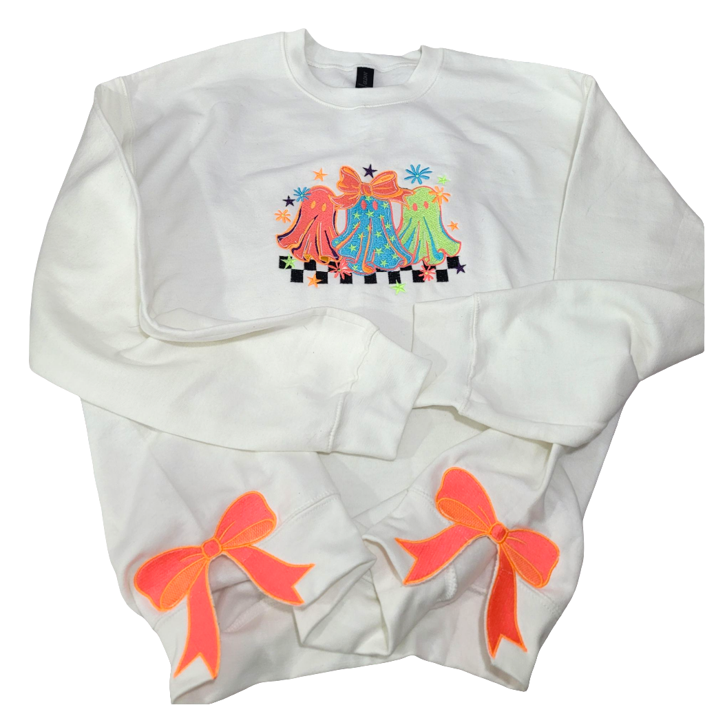 Cozy Ghost Trio Sweatshirt with Neon Bow Sleeve Accents – Handmade Embroidered Crewneck