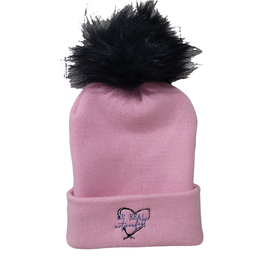 Pink Pom Beanie – Embroidered Heart Winter Hat