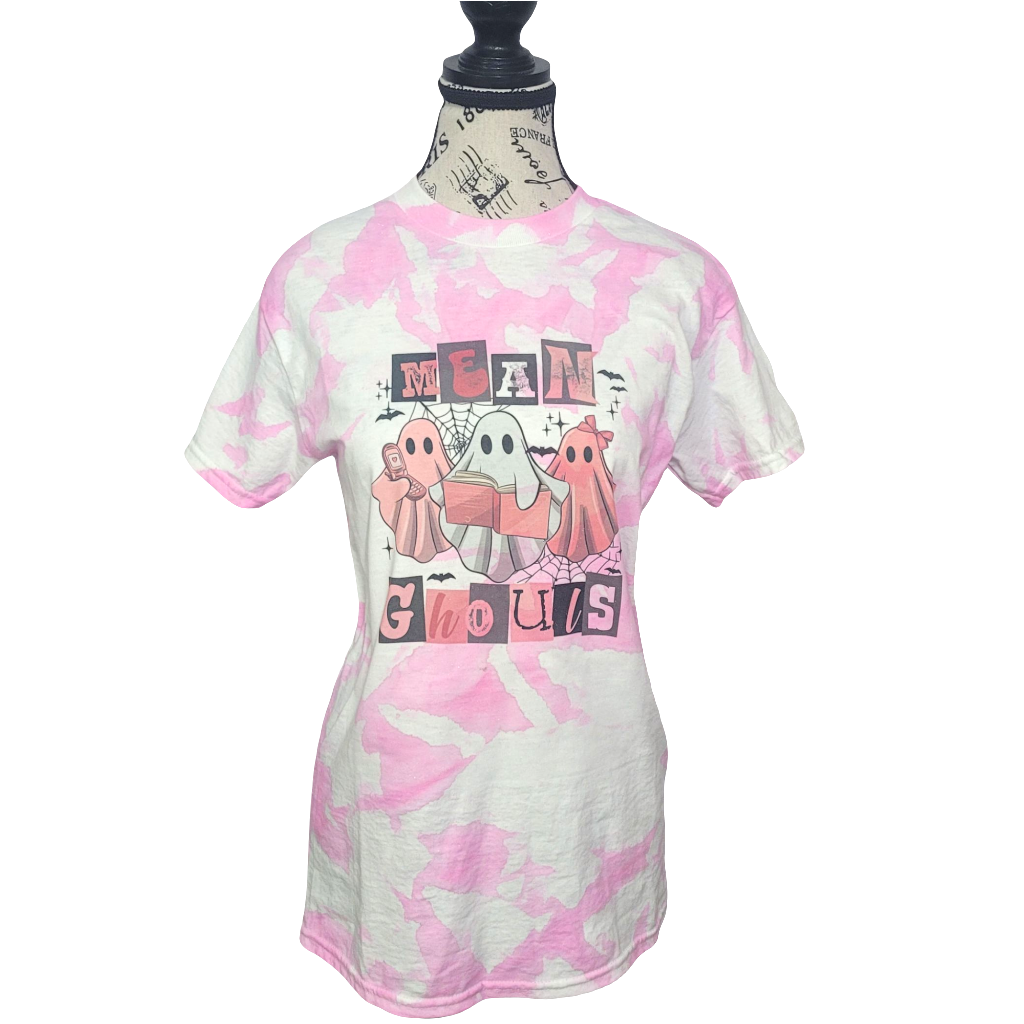 Mean Ghouls Tie-Dye Halloween T-Shirt – Handmade Pink & White Spooky Tee