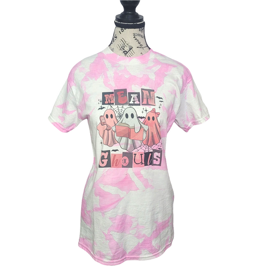 Mean Ghouls Tie-Dye Halloween T-Shirt – Handmade Pink & White Spooky Tee