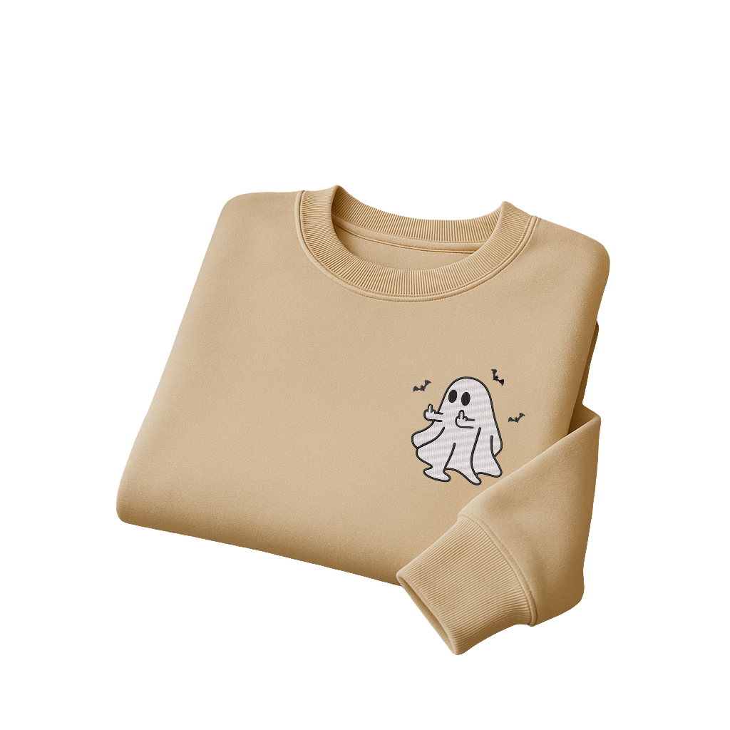 Cozy Beige Ghost Sweatshirt – Minimalist Embroidered Halloween Crewneck