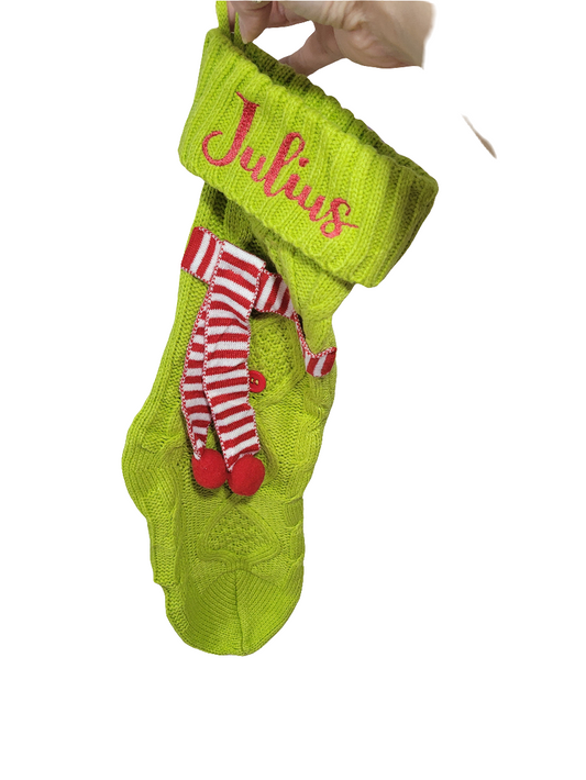Personalized Green Christmas Stocking with Red & White Scarf – Custom Name Holiday Stocking