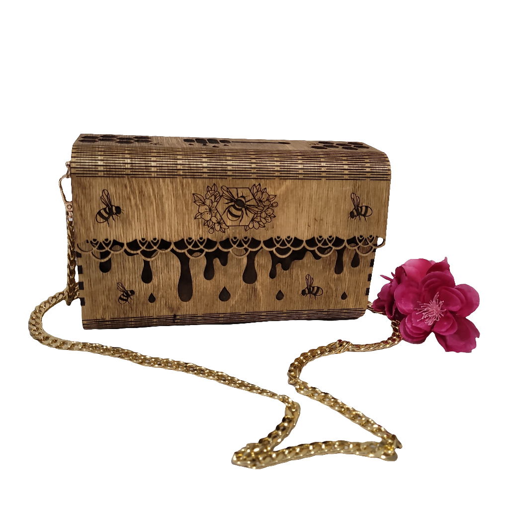 Wooden Engraved Bee Purse with Gold Chain Strap | Handmade Laser Engraved Clutch Bag
