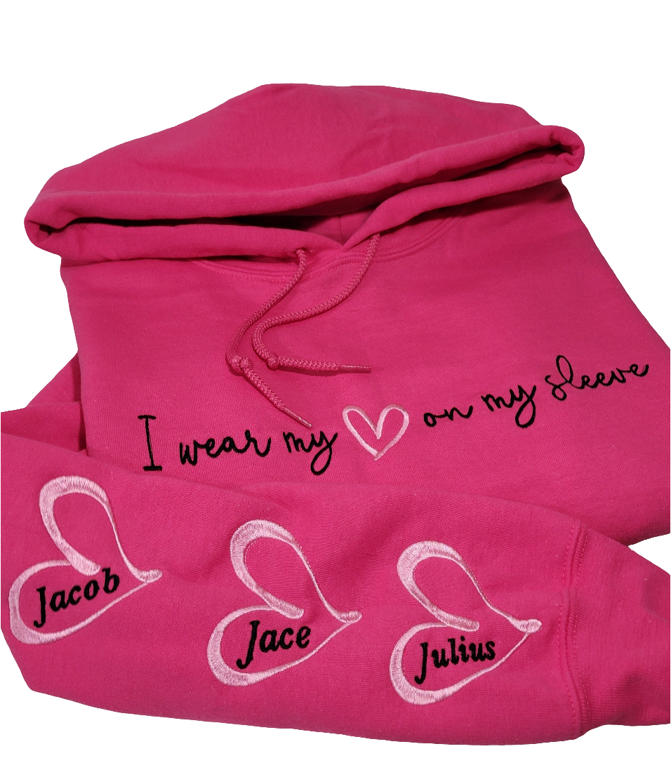 Custom "I Wear My Heart on My Sleeve" Hoodie – Personalized Names Embroidered Sweatshirt