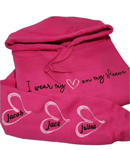 Custom "I Wear My Heart on My Sleeve" Hoodie – Personalized Names Embroidered Sweatshirt