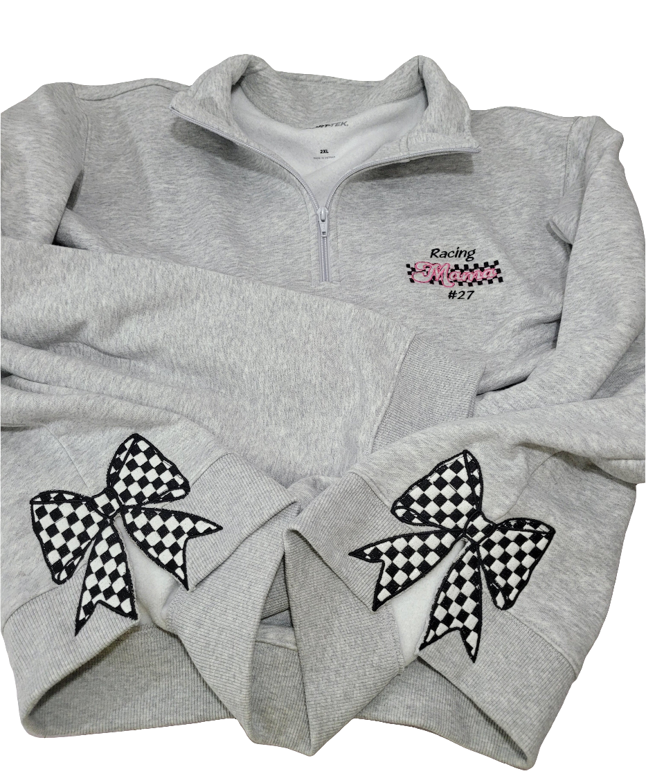Personalized Racing Mama Quarter-Zip Sweater with Checkered Bow Sleeves