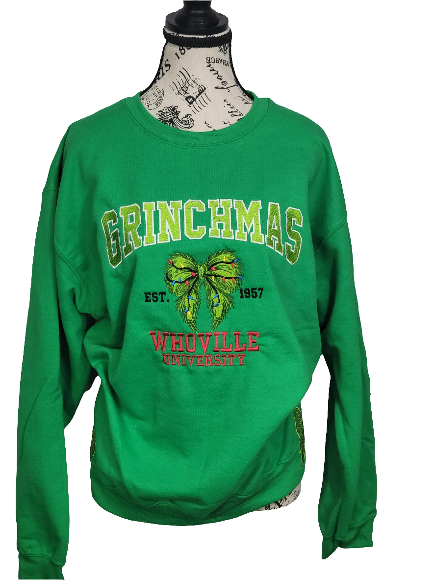 Grinchmas Whoville University Sweatshirt – Holiday Green Pullover with Side Bow Accent 🎄🎁