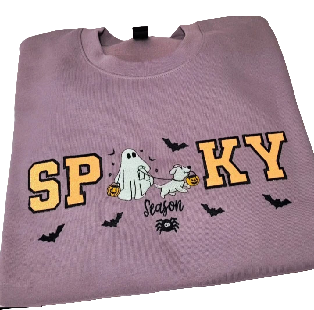 Spooky Season Embroidered Sweatshirt | Ghost & Dog Halloween Crewneck | Cozy Fall Pullover