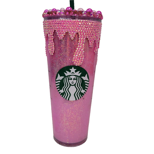 Custom Pink Rhinestone Bling Tumbler – Glitter Drip Reusable Cup with Straw