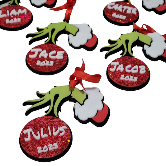 Personalized Green Hand Christmas Ornament – Custom Name Holiday Bauble