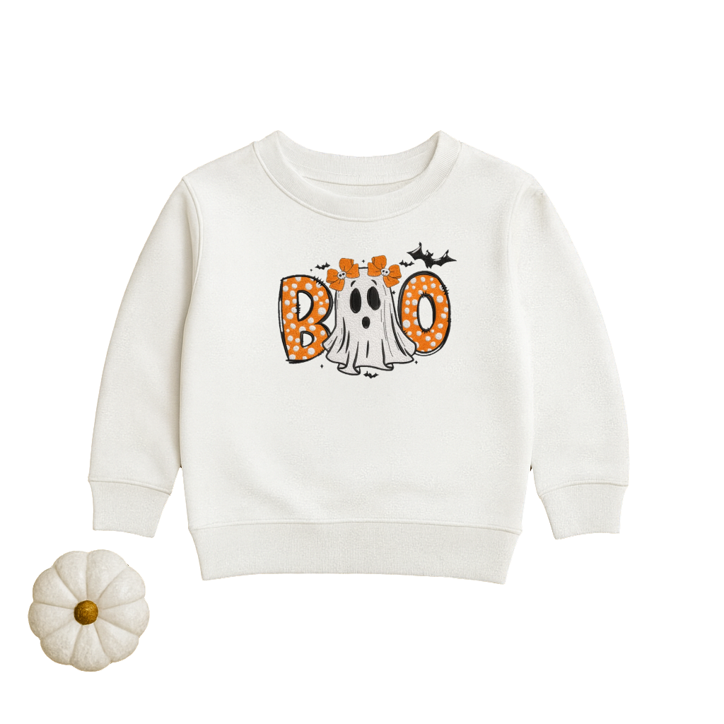 Kids BOO Halloween Embroidered Sweatshirt | Toddler & Youth Fall Crewneck | Spooky Season Outfit