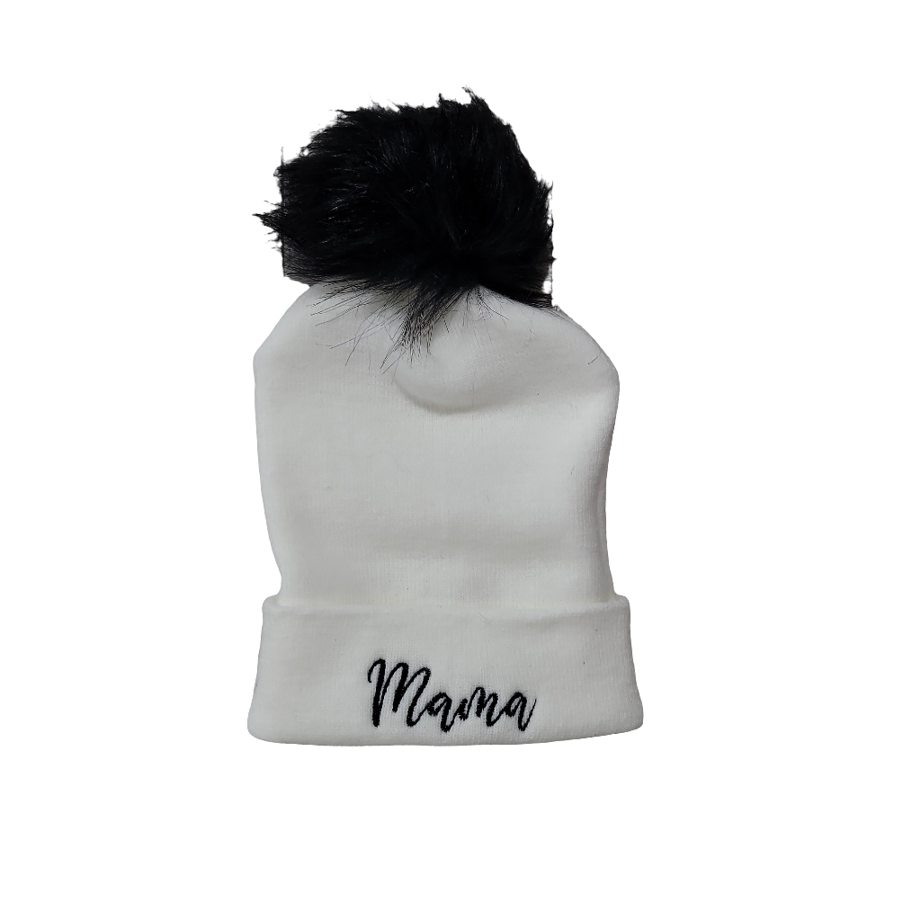 Mama Embroidered Beanie with Faux Fur Pom – Cozy Winter Hat