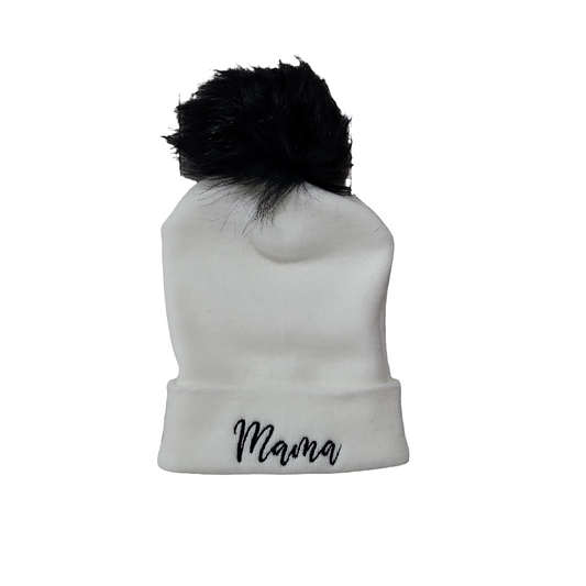 Mama Embroidered Beanie with Faux Fur Pom – Cozy Winter Hat