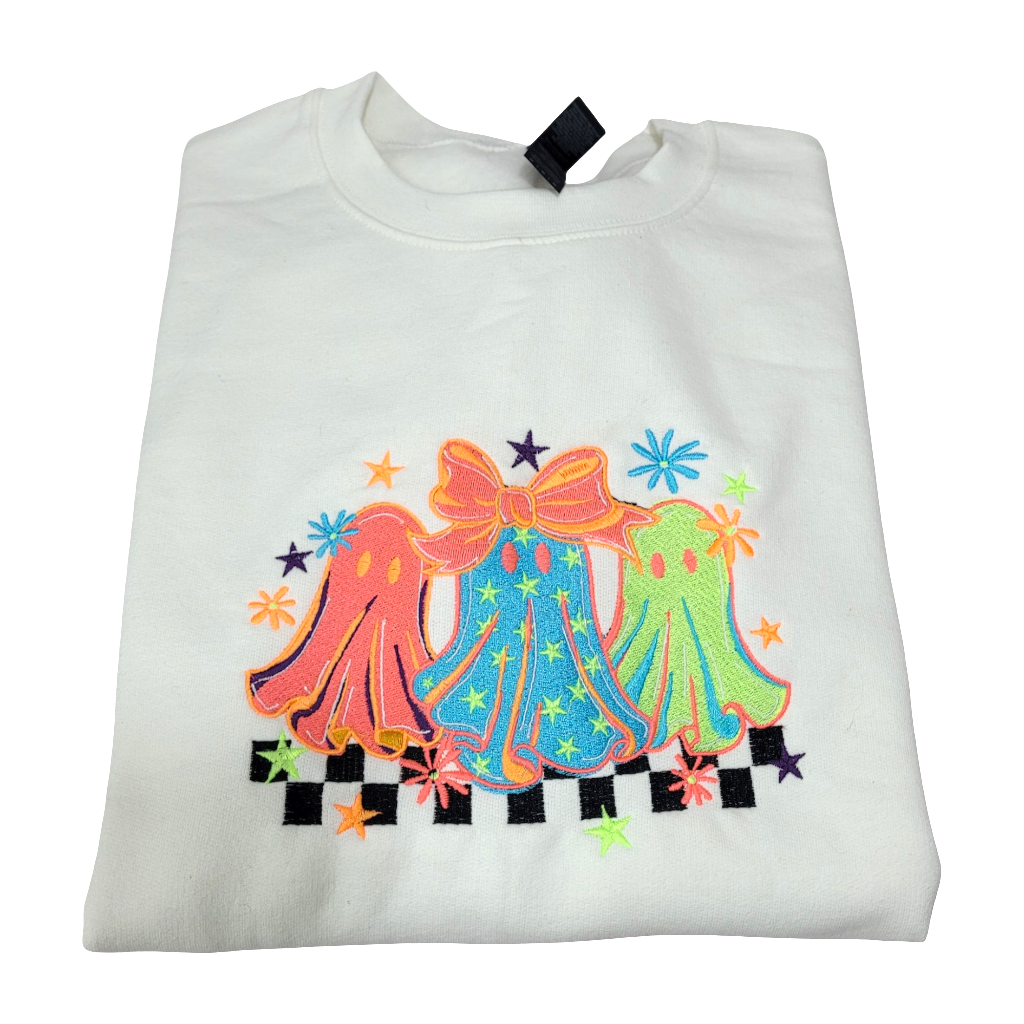Cozy Ghost Trio Sweatshirt with Neon Bow Sleeve Accents – Handmade Embroidered Crewneck