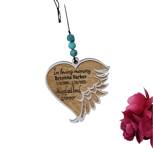 Personalized Memorial Rearview Mirror Charm – Wooden Angel Wing Heart Car Ornament Keepsake