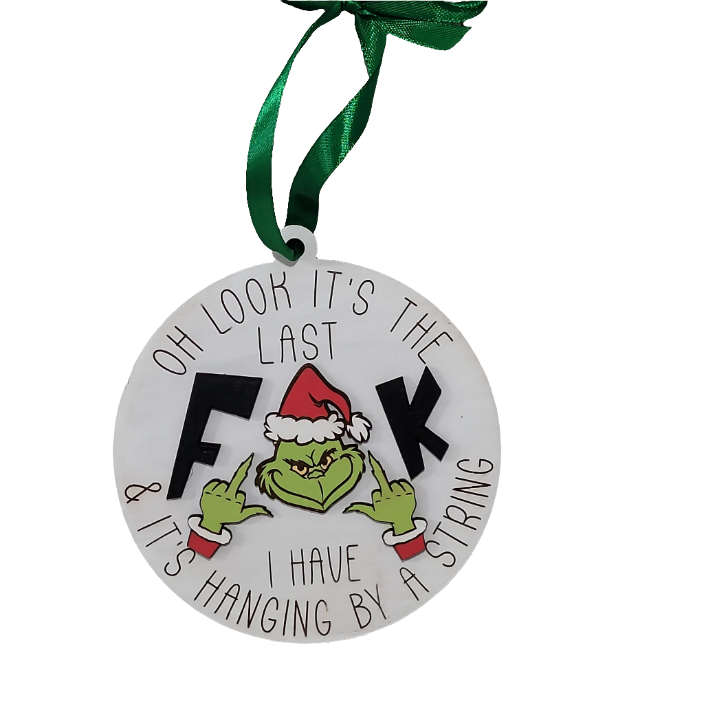 Funny Grinch Ornament Set of 2 – “Last F*ck Hanging by a String” Christmas Tree Decorations