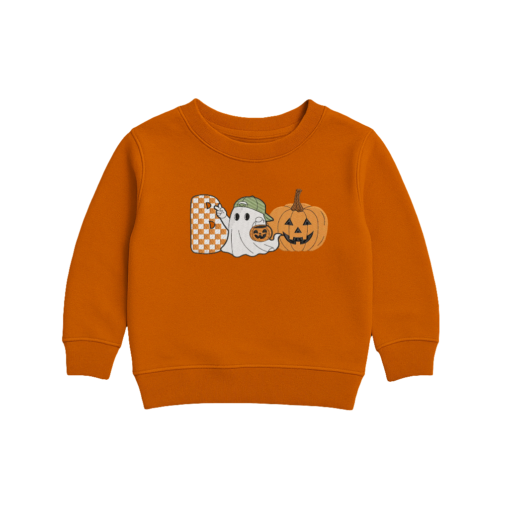 Kids Halloween Ghost & Pumpkin Embroidered Crewneck | Cozy Fall Sweatshirt for Toddlers & Kids