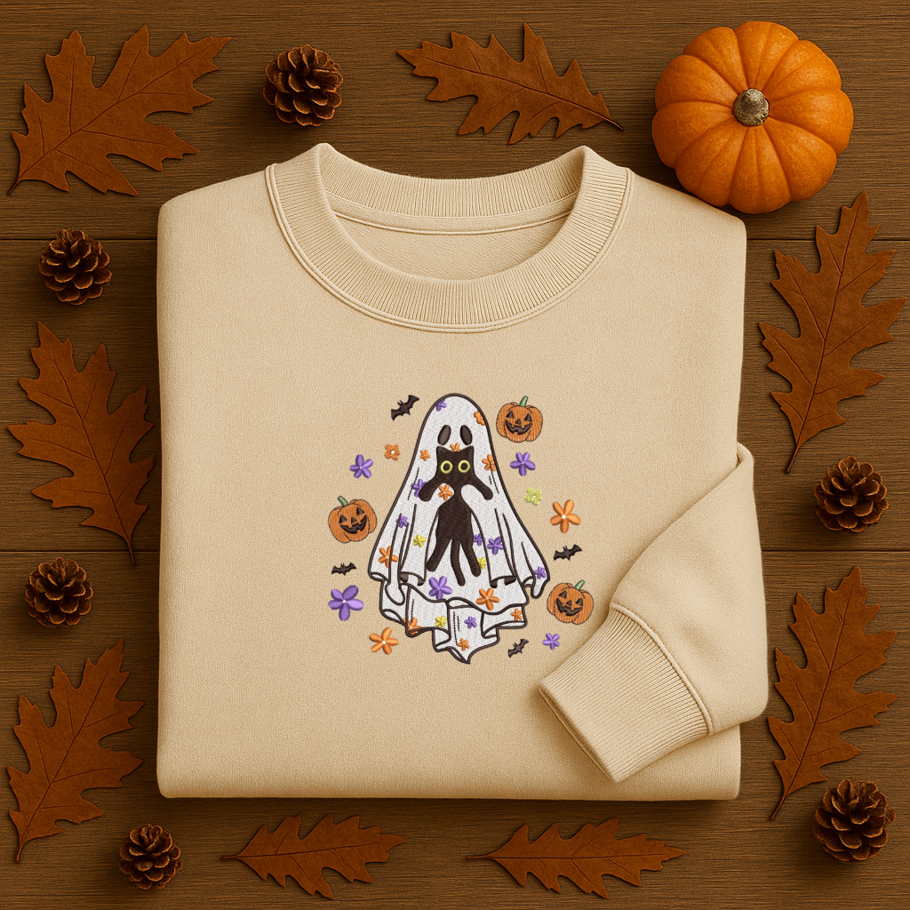 Embroidered Ghost Cat Halloween Sweatshirt | Cozy Fall Crewneck | Pumpkin & Bat Embroidery
