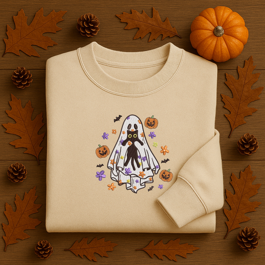 Embroidered Ghost Cat Halloween Sweatshirt | Cozy Fall Crewneck | Pumpkin & Bat Embroidery
