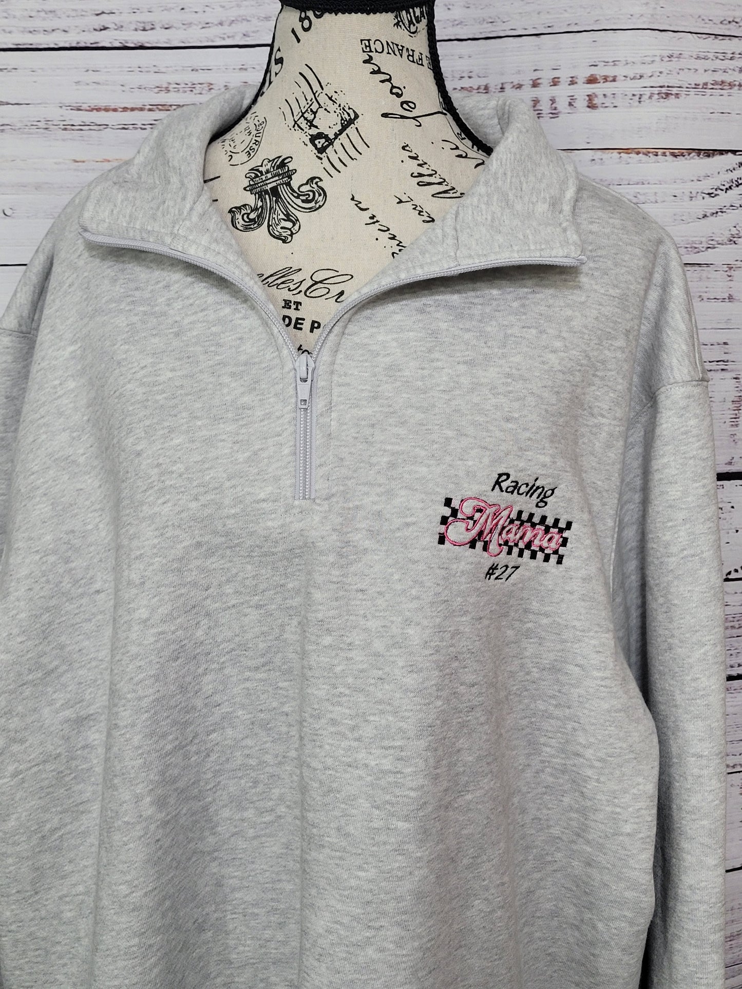Personalized Racing Mama Quarter-Zip Sweater with Checkered Bow Sleeves