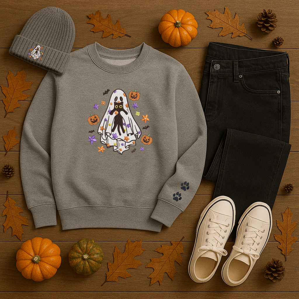 Embroidered Ghost Cat Halloween Sweatshirt | Cozy Fall Crewneck | Pumpkin & Bat Embroidery