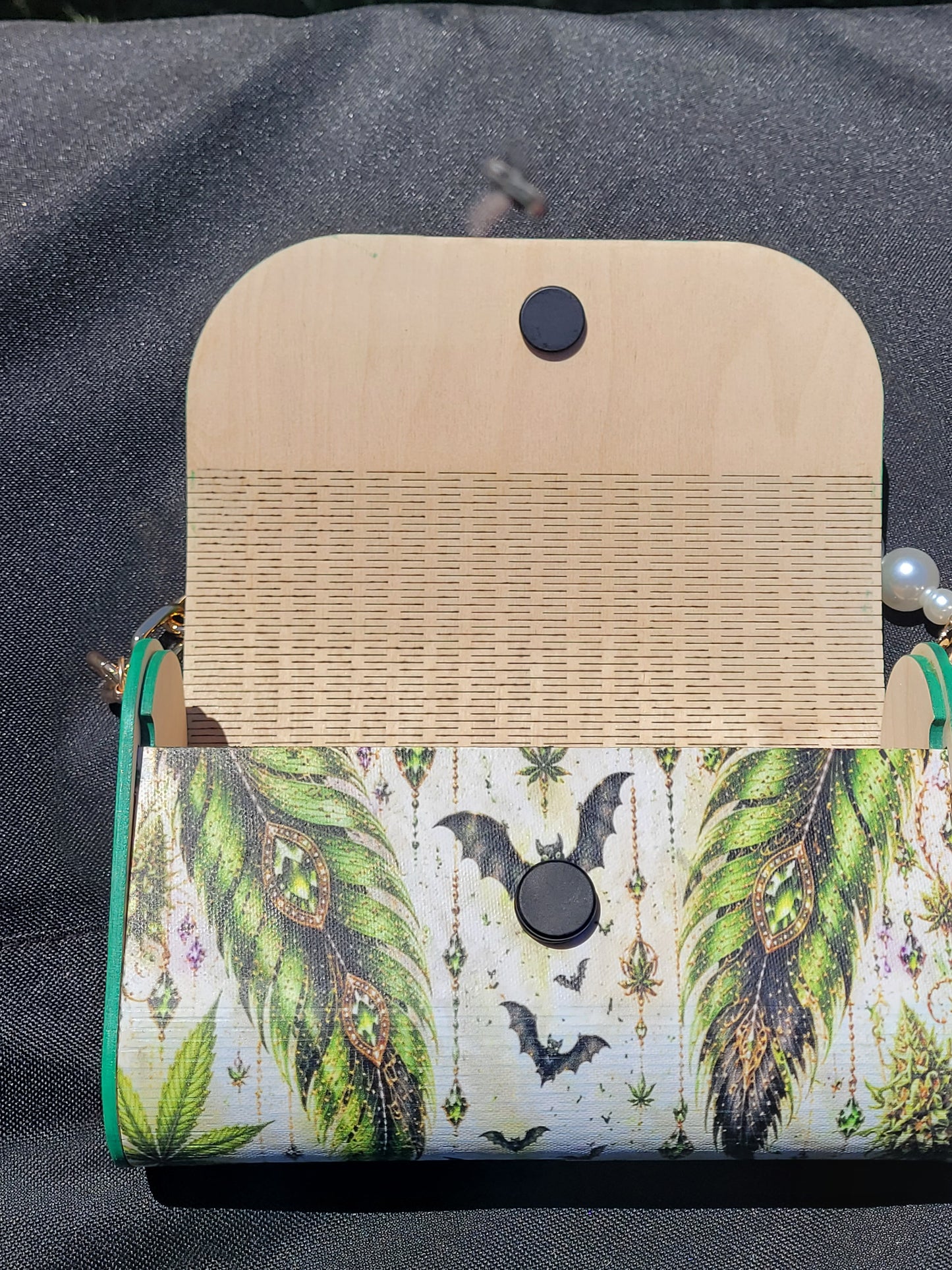 Emerald Mystic Handmade Clutch | Cannabis, Skull & Feather Statement Purse | Gothic Boho Wristlet
