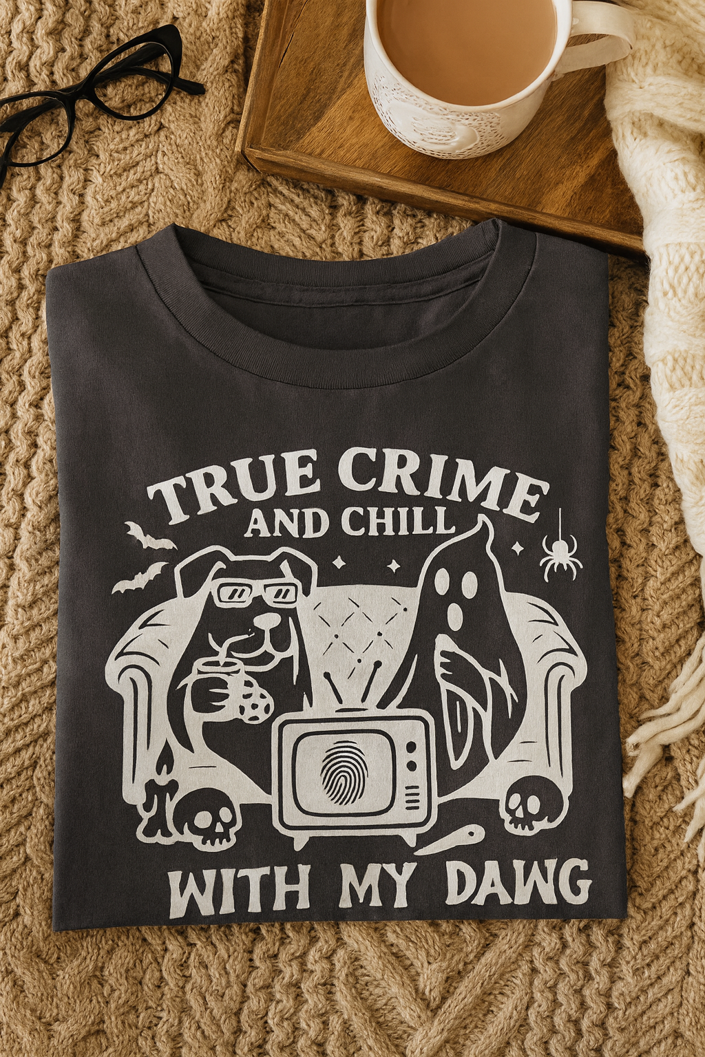 True Crime & Chill Matching Set – T-Shirt + Personalized Dog Bandana