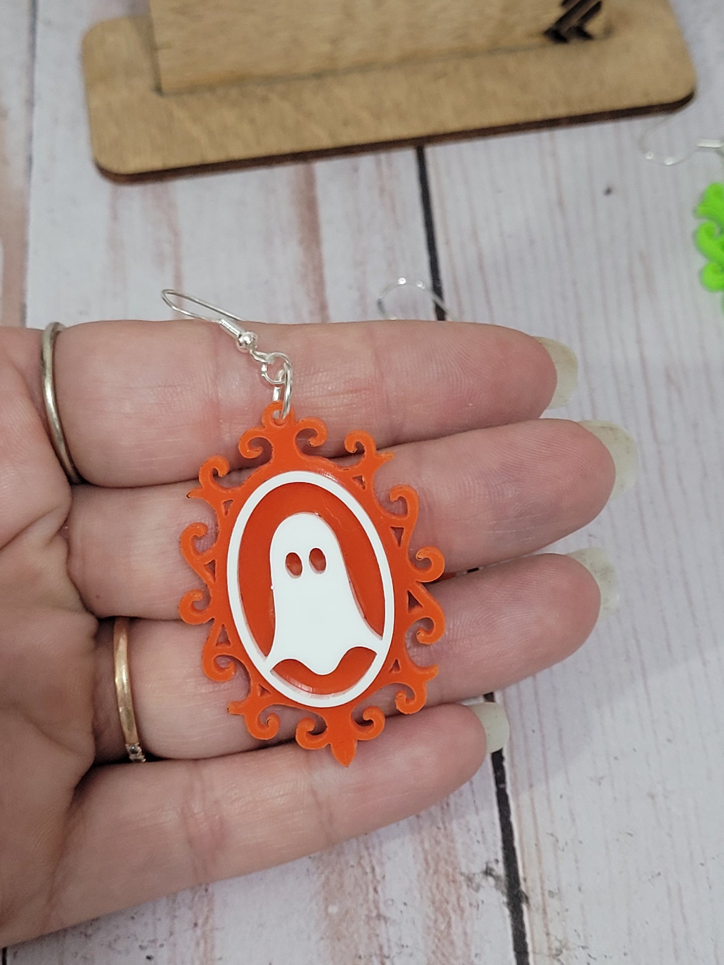 Spooky Ghost Halloween Earrings – Acrylic Statement Jewelry (Orange, Blue, Green)