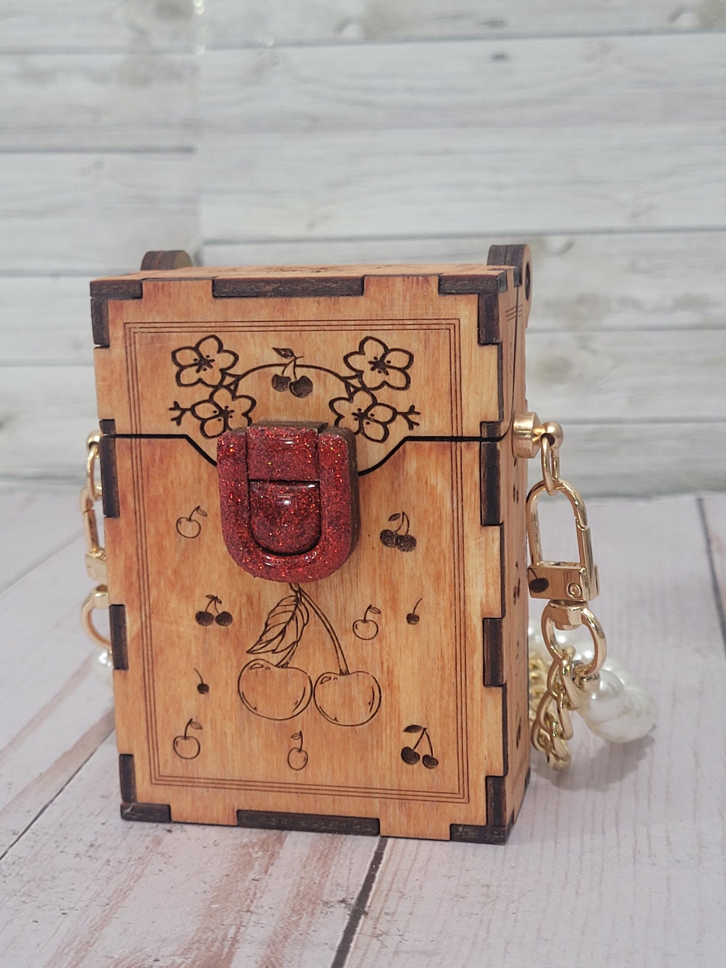 Cherry Blossom Wooden Purse – Handmade Laser Engraved Clutch with Glitter Clasp