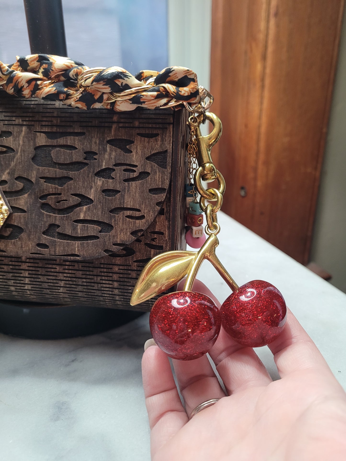 Leopard Print Wooden Clutch Purse – Handmade Wood Handbag with Gold Accent & Chain Strap