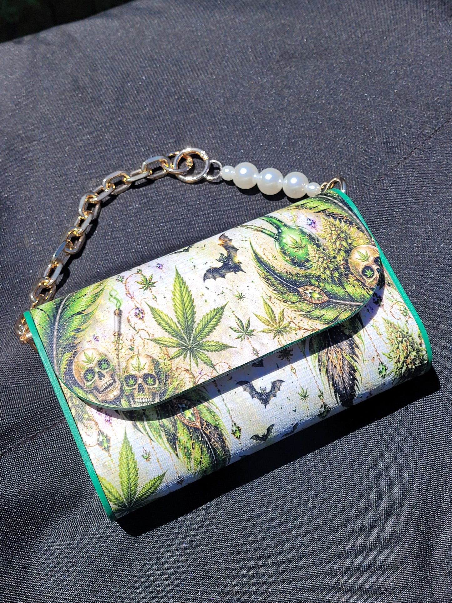 Emerald Mystic Handmade Clutch | Cannabis, Skull & Feather Statement Purse | Gothic Boho Wristlet