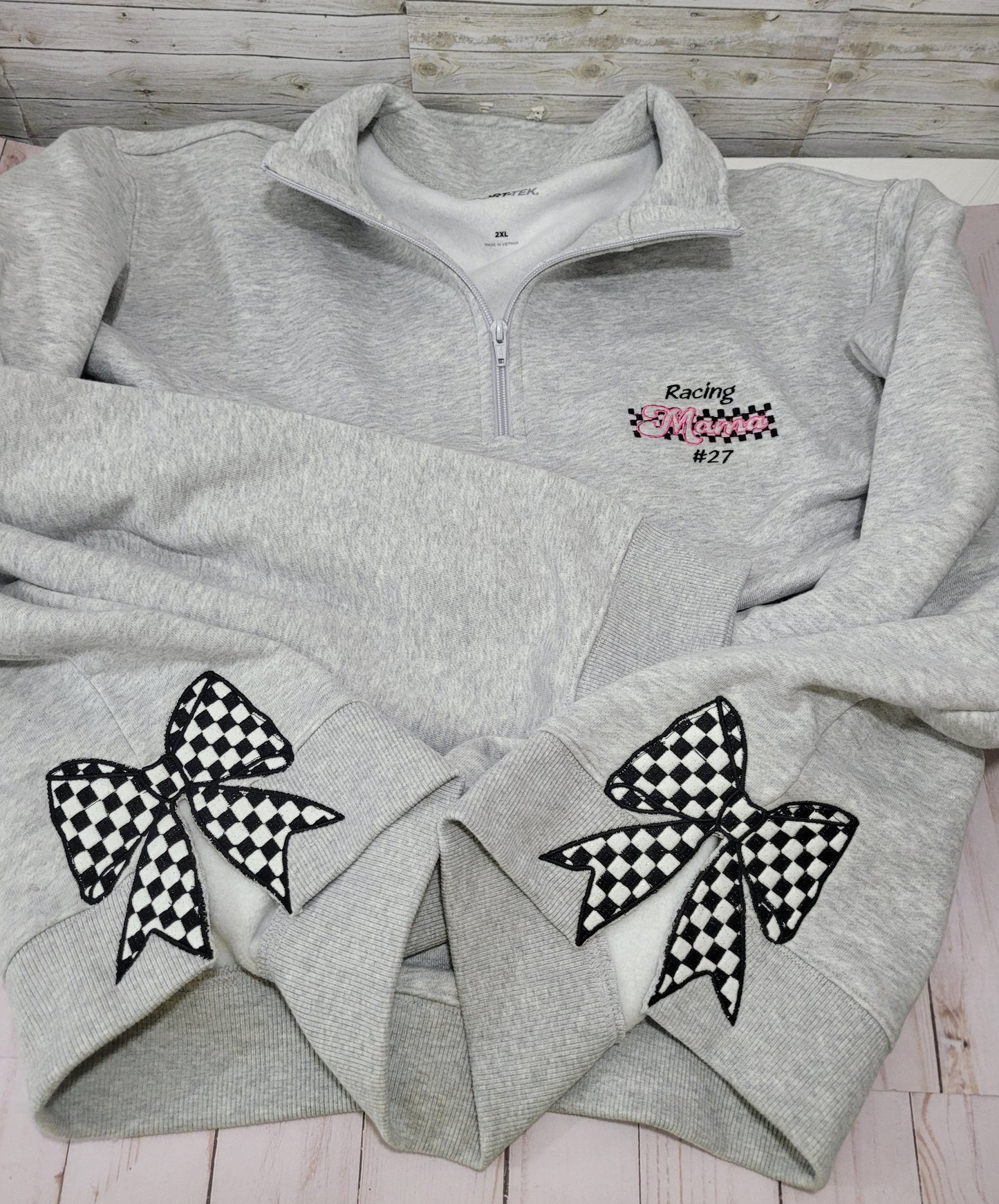 Personalized Racing Mama Quarter-Zip Sweater with Checkered Bow Sleeves